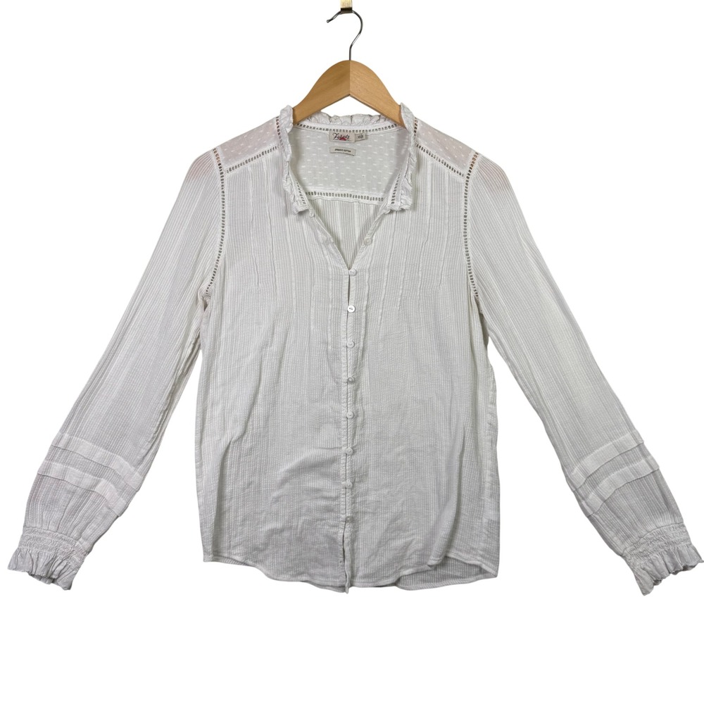 Faherty Womens Shirt XS Organic Cotton‎ White Striped Ruffled Neck Button Up